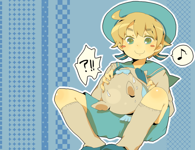 1boy ? axis_powers_hetalia azuma_seiji blonde_hair blue_eyes hat male musical_note pokemon pokemon_(creature) sailor_hat sealand_(hetalia) short_hair shorts sitting socks solo spheal