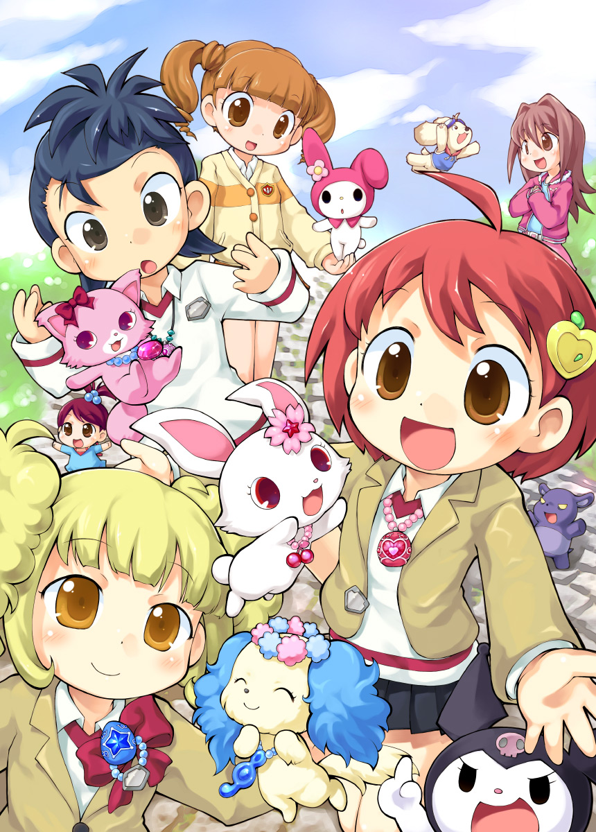 ^_^ ahoge arisugawa_aoi asaoka_minami bad_id baku bangs beads black_eyes blonde_hair blue_hair blunt_bangs blush brown_eyes brown_hair bunny cat character_request child closed_eyes cloud crossover dog drill_hair everyone garnet_(jewelpet) hair_bobbles hair_intakes hair_ornament happy high_ponytail highres holding hoshizuki_kirara inuyama_rumi jacket jewelpet jewelpet_(series) jewelry kougyoku_rinko kuromi minigirl necklace onegai_my_melody onegai_my_melody_kirara open_mouth orange_eyes outdoors pendant pink_eyes pink_hair pleated_skirt red_hair redhead ribbon ruby_(jewelpet) sakurabe_notos sakurabe_notosu sapphie_(jewelpet) school_uniform short_hair short_twintails skirt skull sky smile surprised tetsunoshin twin_drills twintails wan_wan_serepu_soreyuke!_tetsunoshin yumeno_uta