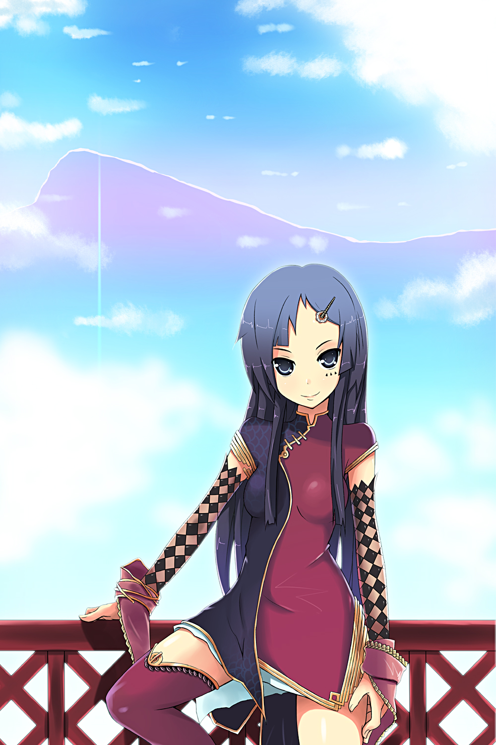 1girl akiyama_mio black_hair blue_eyes china_dress chinadress chinese_clothes cloud clouds elbow_gloves gloves highres k-on! kendo_(artist) long_hair railing sky solo thigh-highs thighhighs zettai_ryouiki