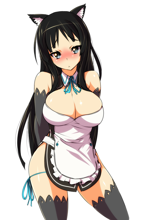 1girl akiyama_mio alternate_costume animal_ears arms_behind arms_behind_back bare_shoulders black_hair black_legwear black_thighhighs blue_eyes blush breasts cat_ears cleavage cosplay dream_c_club elbow_gloves enmaided futaba_riho futaba_riho_(cosplay) gloves huge_breasts k-on! looking_at_viewer maid nekomamire ringed_eyes simple_background solo thighhighs zettai_ryouiki