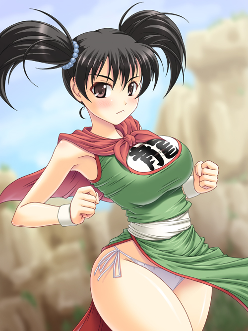 1girl abu black_hair breasts curvy dragon_quest dragon_quest_iii fighter_(dq3) large_breasts panties side-tie_panties solo twintails underwear wide_hips wristband