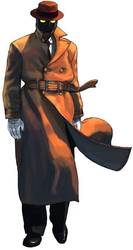 3rd_strike coat fedora gloves glowing glowing_eyes hat ikeno_daigo mask necktie official_art q simple_background solo street_fighter street_fighter_3 street_fighter_iii street_fighter_iii:_3rd_strike trench_coat trenchcoat yellow_eyes