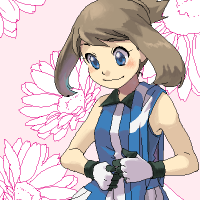 blue_eyes blush brown_hair flower gloves haruka_(pokemon) lowres no_bandana odamaki_sapphire oekaki pokemon pokemon_special smile solo