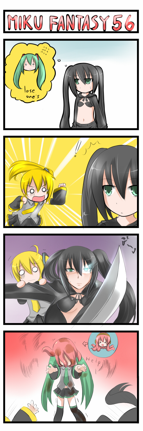 ! 4koma akita_neru black_rock_shooter black_rock_shooter_(character) catstudio_(artist) comic detached_sleeves half-life half_life hatsune_miku headcrab highres katana megurine_luka o_o parody sword takoluka vocaloid weapon