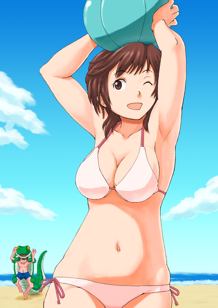 1boy 1girl amagami armpits arms_up ball beach bikini brown_hair crocodile sakurai_rihoko short_hair side-tie_bikini stuffed_animal stuffed_toy swimsuit tachibana_jun'ichi takayama_chihiro wink