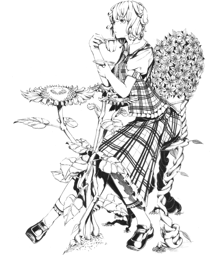 chair cup flower kazami_yuuka loafers monochrome plaid plaid_skirt plaid_vest saucer sawasawa shoes short_hair sitting skirt skirt_set sunflower tartan tea teacup touhou