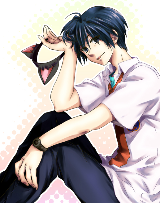 animal_ears blue_eyes blue_hair cat_ears clannad ikuhashi_muiko male necktie okazaki_tomoya school_uniform short_hair solo tongue watch wristwatch