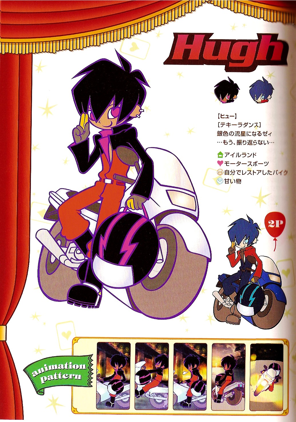 bemani biker black_hair blue_eyes blue_hair bodysuit gloves helmet hugh male motorcycle official_art open_shirt palette_swap piercing pop'n_music scan smile translation_request violet_eyes