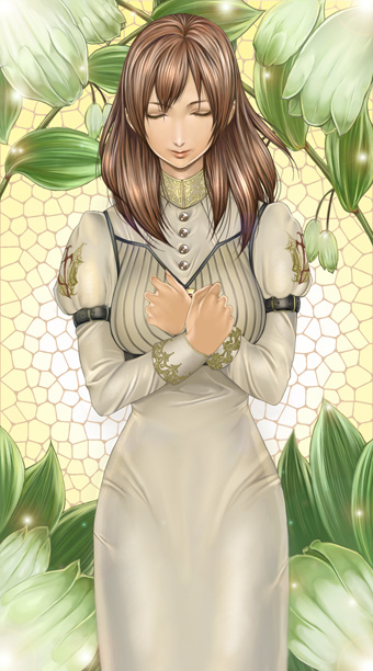 1girl arms_crossed breasts brown_hair capcom closed_eyes devil_may_cry devil_may_cry_4 dress female juliet_sleeves kyrie long_hair long_sleeves plant solo taro_(artist) tarowo