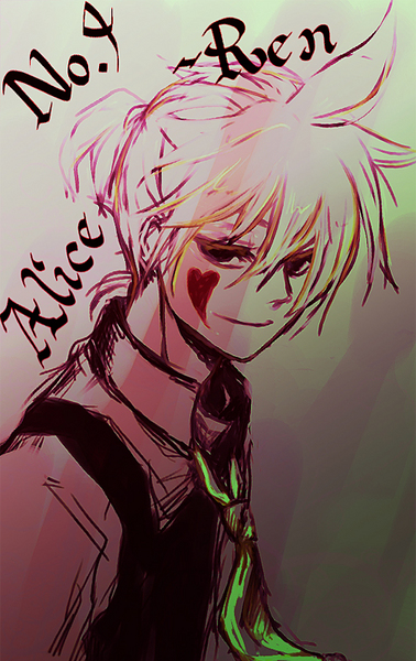 blonde_hair heart hitobashira_alice_(vocaloid) kagamine_len male necktie ponytail smirk solo tattoo vocaloid