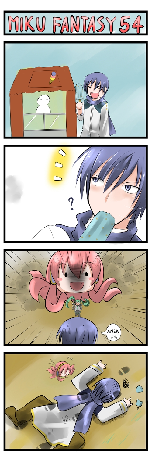 &gt;_&lt; 4koma \m/ bandaid catstudio_(artist) comic faceplant hatsune_miku highres hot_springs_symbol kaito megurine_luka popsicle takoluka vocaloid