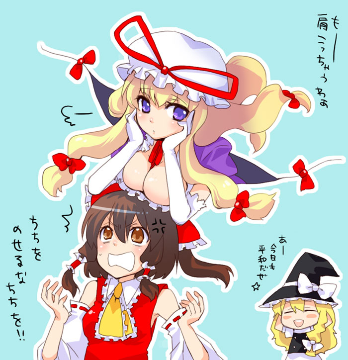 blonde_hair breast_rest breasts breasts_on_head brown_hair cleavage detached_sleeves elbow_gloves gap gloves hakurei_reimu hat headboob kirisame_marisa maki_(maki88) ribbon touhou translated translation_request yakumo_yukari