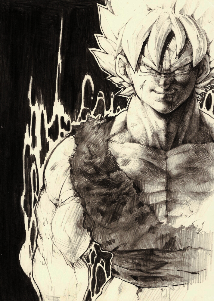 blonde_hair blood dragon_ball dragon_ball_z dragonball dragonball_z evil_grin evil_smile graphite graphite_(medium) hair_up ki koki_(pixiv) male manly monochrome muscle sketch smile son_goku son_gokuu super_saiyan torn_clothes traditional_media yellow