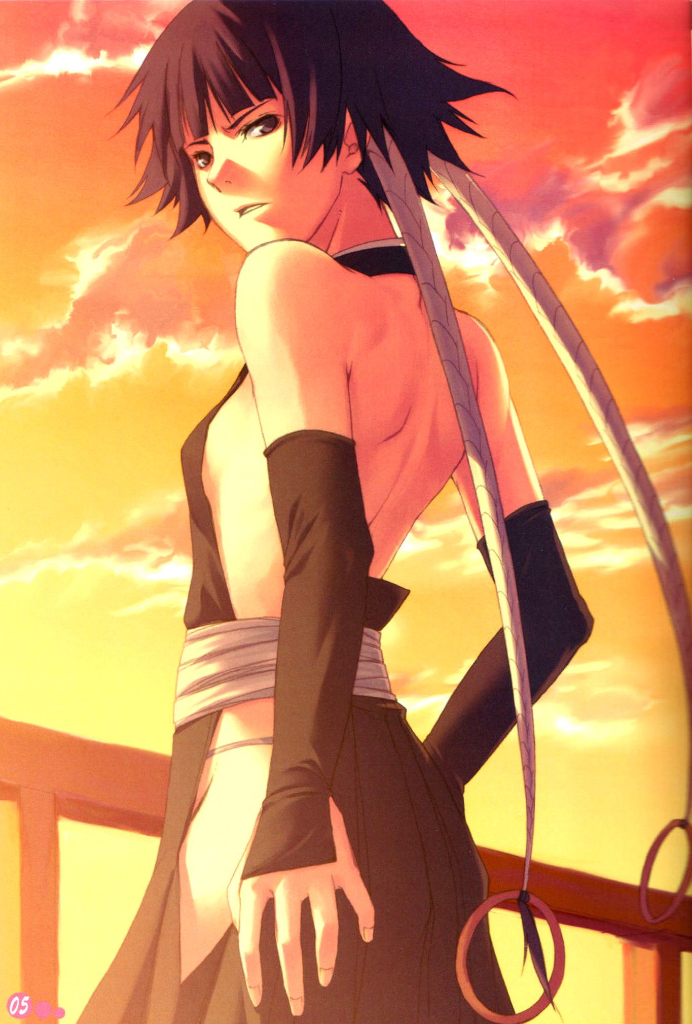 1girl back backless_outfit bare_back bare_shoulders black_hair bleach cropped_legs detached_sleeves feet_out_of_frame female fingernails flat_chest gloves highres looking_back nails parted_lips pua railing sash scan short_hair_with_long_locks sky slender small_breasts soifon solo standing sui-feng sunset twintails
