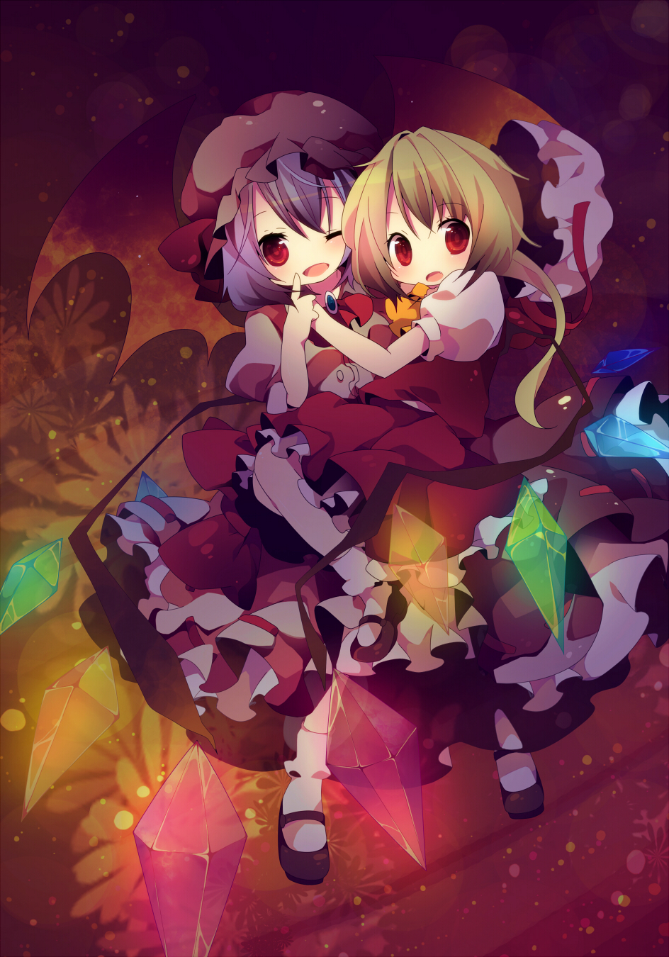 2girls ana_(rznuscrf) bat_wings blonde_hair bobby_socks carrying flandre_scarlet glowing hat hat_removed headwear_removed highres hug mary_janes multiple_girls open_mouth purple_hair red_eyes remilia_scarlet shoes siblings sisters smile socks touhou transparent wings wink