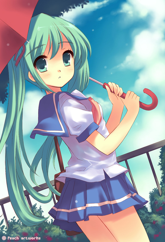 green_eyes green_hair hatsune_miku pcmaniac88 school_uniform serafuku skirt twintails umbrella vocaloid