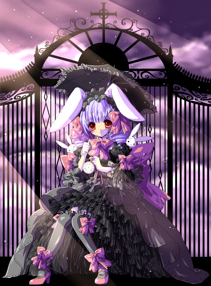 blush bow bunny_ears clock colored dress drill_hair gate gothic high_heels koge_donbo original parasol purple_hair rabbit_ears red_eyes ribbon shoes star takeuchi_(be_in_chaos) thigh-highs thighhighs umbrella