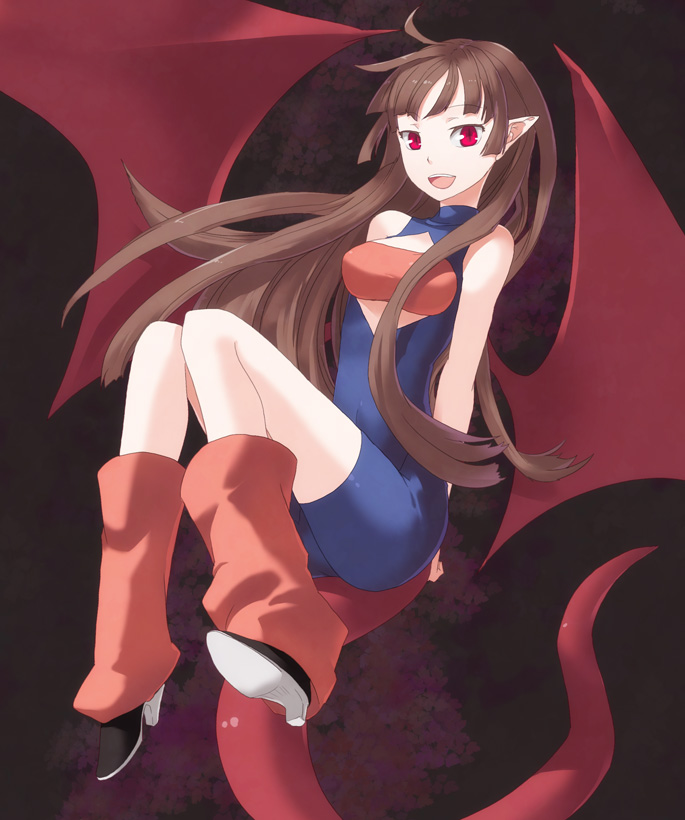 bat_wings brown_hair demon_girl demon_wings ira96 long_hair pointy_ears red_eyes tail wings