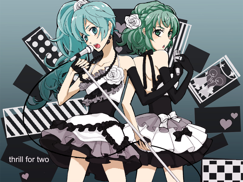 alternate_hairstyle aqua_eyes aqua_hair back-to-back back_to_back elbow_gloves flower gloves green_eyes green_hair gumi hatsune_miku long_hair meka microphone microphone_stand multiple_girls ponytail rose short_dress thrill_for_two_(vocaloid) vocaloid