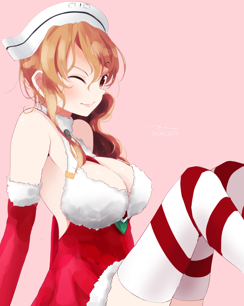1girl breasts brown_eyes cleavage_cutout dated elbow_gloves gloves headdress kantai_collection large_breasts light_brown_hair littorio_(kantai_collection) one_eye_closed pink_background santa_costume santa_gloves solo striped striped_legwear tbd11 thigh-highs