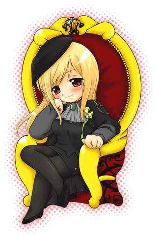 1girl bangs beret blonde_hair blush bow cape chibi crossed_legs hat higurashi_no_naku_koro_ni long_hair lowres pantyhose parted_bangs pencil_skirt red_eyes roku_(345) simple_background sitting skirt smile solo takano_miyo throne