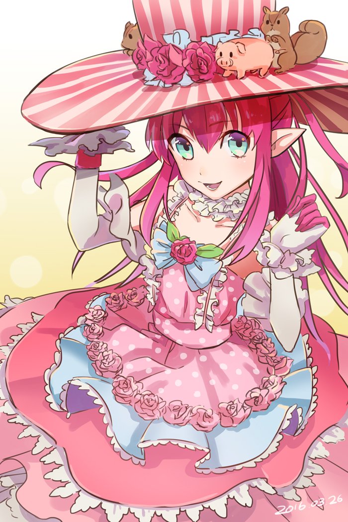 1girl 2016 bangs big_hat blue_eyes bow claws collar dated dress elbow_gloves fate/extra fate/extra_ccc fate/grand_order fate_(series) flower frilled_collar frilled_dress frills gloves gradient gradient_background hand_on_headwear hat hat_flower hat_ornament hinatsu lancer_(fate/extra_ccc) layered_dress lolita_fashion long_hair looking_at_viewer multicolored_dress nail_polish open_mouth pig pink_dress pink_hair pink_hat pink_nails pink_rose pointy_ears polka_dot polka_dot_dress ribbon rose sidelocks sleeveless sleeveless_dress smile solo squirrel striped striped_hat top_hat vertical_stripes wrist_cuffs yellow_background