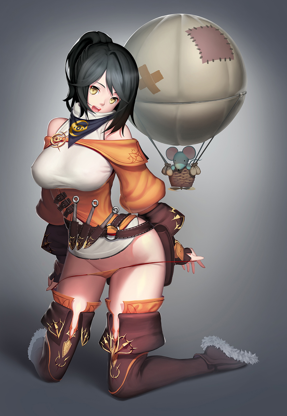 1girl :o balloon bare_shoulders belt black_hair boots covered_nipples highres hot_air_balloon kneeling kunai looking_at_viewer mouse naco_(manacool) original panties panty_pull ponytail pouch propeller solo string_panties thigh-highs thigh_boots underwear weapon yellow_eyes