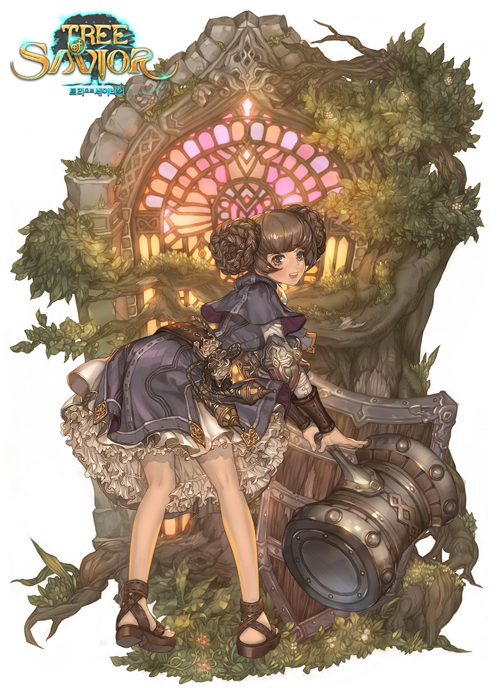 1girl :d ass bent_over blue_dress brown_eyes brown_hair cleric_(tree_of_savior) double_bun dress frilled_dress frills hammer highres leaf long_sleeves looking_back maggi official_art open_mouth plant round_teeth sandals shield smile solo teeth tree tree_of_savior