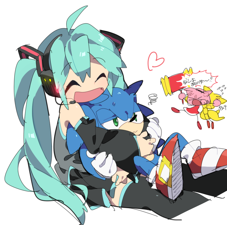 amy_rose aqua_hair bai_mei_(unko1172) detached_sleeves hatsune_miku headset hug long_hair miles_prower shoes smile sneakers sonic sonic_the_hedgehog thigh-highs twintails vocaloid