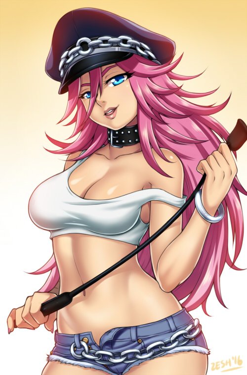 1girl blue_eyes blue_shorts breasts chain cleavage collar cuffs denim denim_shorts final_fight hat jewelry lips lipstick long_hair makeup nail_polish necklace off_shoulder peaked_cap pink_hair pink_nails poison_(final_fight) riding_crop shorts simple_background solo strap_slip studded_collar tank_top