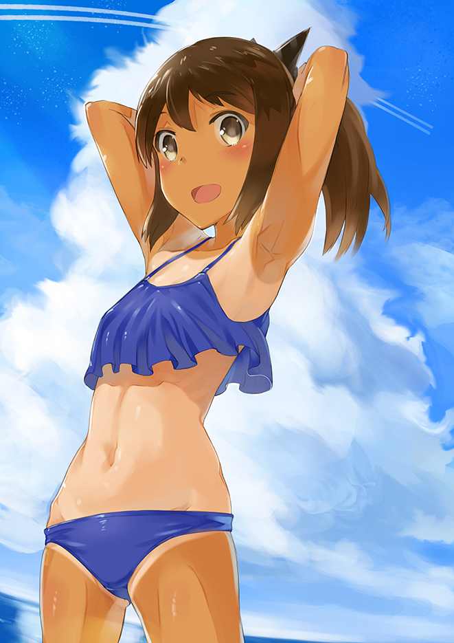 1girl :d armpits arms_up brown_eyes brown_hair clouds crop_top crop_top_overhang i-401_(kantai_collection) kantai_collection midriff navel one-piece_tan open_mouth pajant ponytail sky small_breasts smile solo swimsuit tan tankini tanline