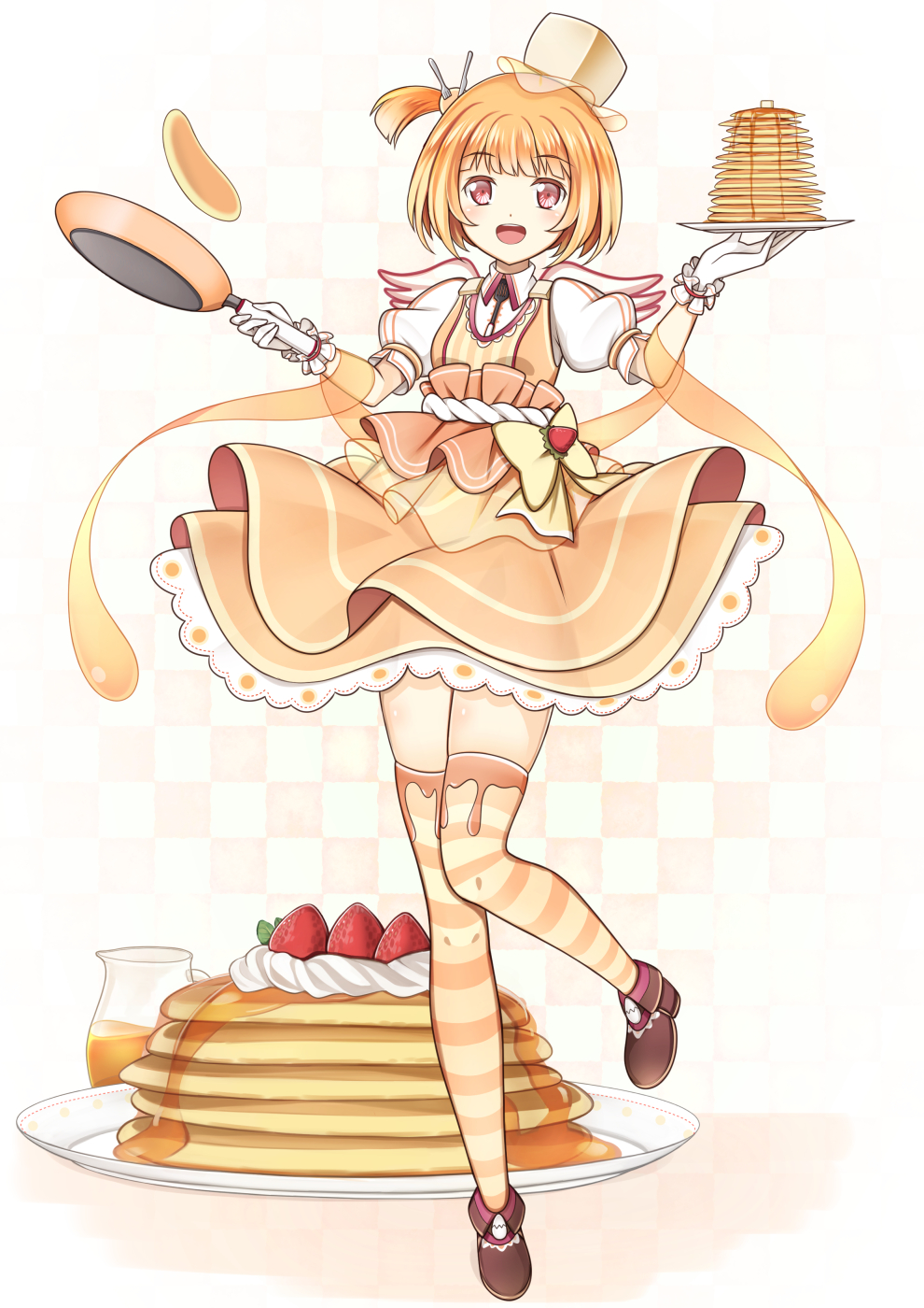 1girl :d bow butter corset flipping_food food food_themed_clothes food_themed_hair_ornament frills fruit frying_pan full_body gloves hair_ornament highres looking_at_viewer morinaga_(brand) open_mouth orange_hair orange_skirt original p_book pancake personification plate red_eyes sash shoes short_hair side_ponytail skirt smile solo stack_of_pancakes strawberry striped striped_legwear thigh-highs whipped_cream white_gloves wings yellow_bow