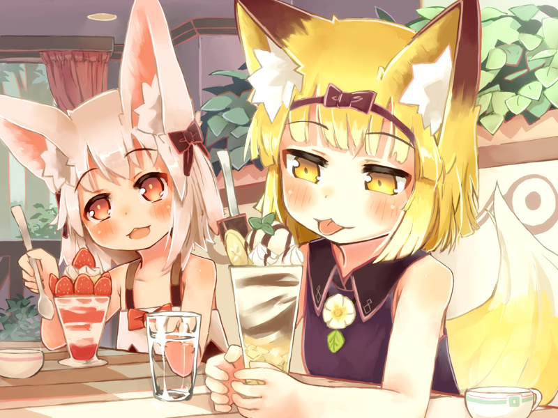 2girls :3 :d :p animal_ears bare_shoulders blonde_hair blush bob_cut bow cafe crr_w9kd cup food fox_ears fox_tail fruit glass hair_bow hairband indoors leaf multiple_girls open_mouth original parfait pink_eyes pink_hair plant shirt short_hair sleeveless sleeveless_shirt smile spoon strawberry tail tongue tongue_out yellow_eyes