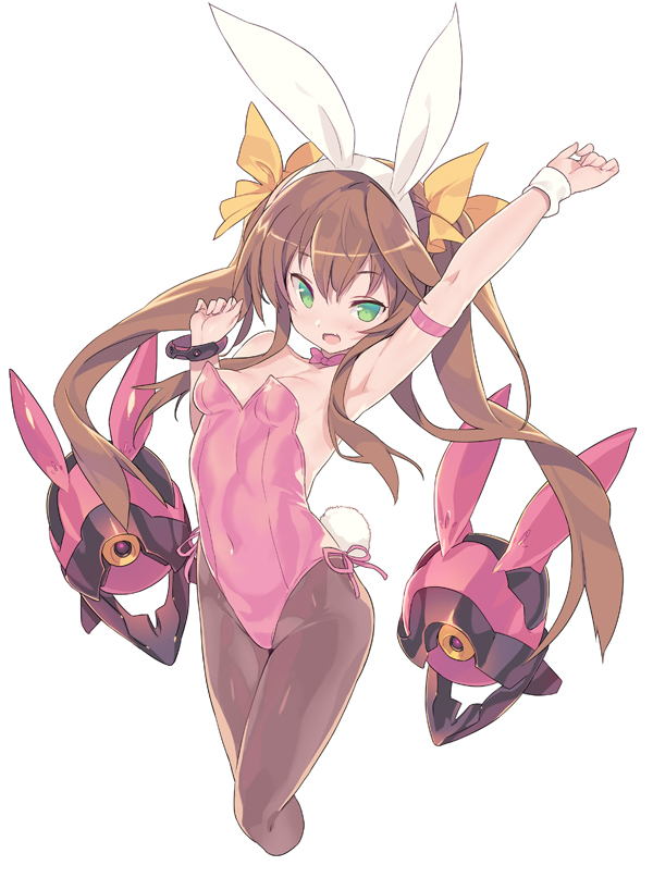 1girl animal_ears arm_up armlet armpits blade_(galaxist) bow bracelet brown_hair brown_legwear bunny_girl bunny_tail bunnysuit covered_navel cropped_legs fake_animal_ears fang green_eyes hair_bow hairband huang_lingyin infinite_stratos jewelry leotard long_hair pantyhose rabbit_ears sidelocks simple_background small_breasts solo tail twintails white_background wristband