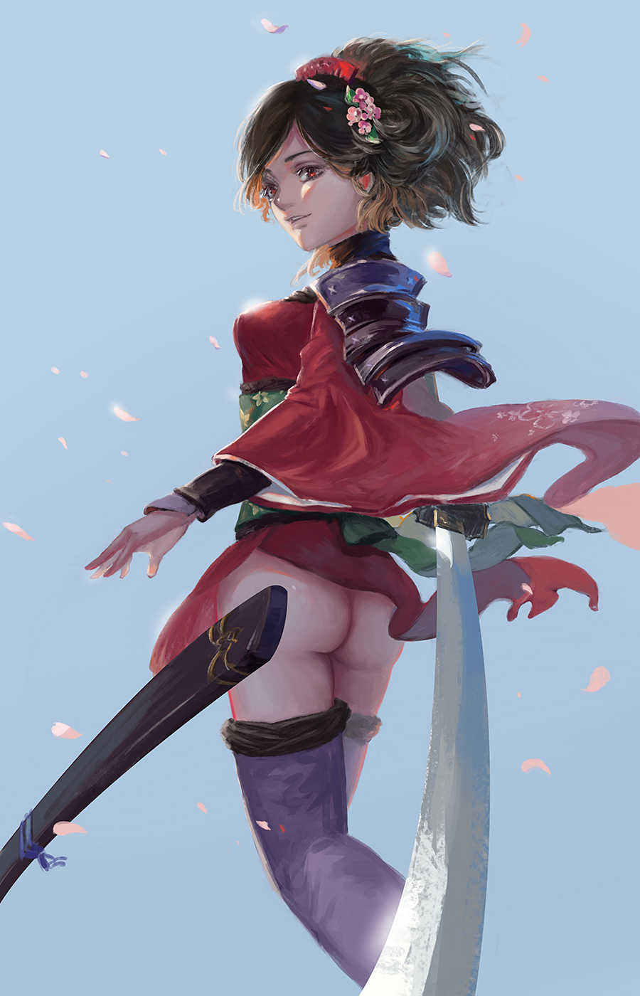 1girl armor ass black_hair blue_background breasts flower hair_flower hair_ornament highres japanese_armor japanese_clothes katana kimono momohime no_panties oboro_muramasa petals purple_legwear red_eyes sheath short_kimono sode solo sword thigh-highs weapon wide_sleeves wind wind_lift xuetu13