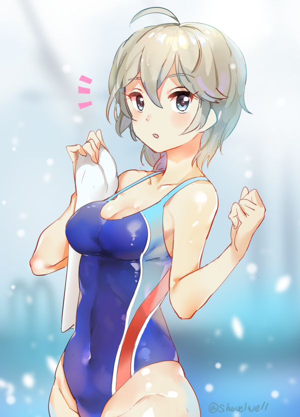 /\/\/\ 1girl :o ahoge anastasia_(idolmaster) artist_name blue_eyes blue_swimsuit blurry blush breasts cleavage collarbone competition_swimsuit covered_navel cowboy_shot depth_of_field eyebrows eyebrows_visible_through_hair groin hair_between_eyes holding idolmaster idolmaster_cinderella_girls idolmaster_cinderella_girls_starlight_stage indoors looking_at_viewer nitta_minami nitta_minami_(cosplay) one-piece_swimsuit parted_lips pool shiny shiny_skin short_hair shovelwall silver_hair skin_tight solo standing swimsuit tareme towel twitter_username water wide_hips