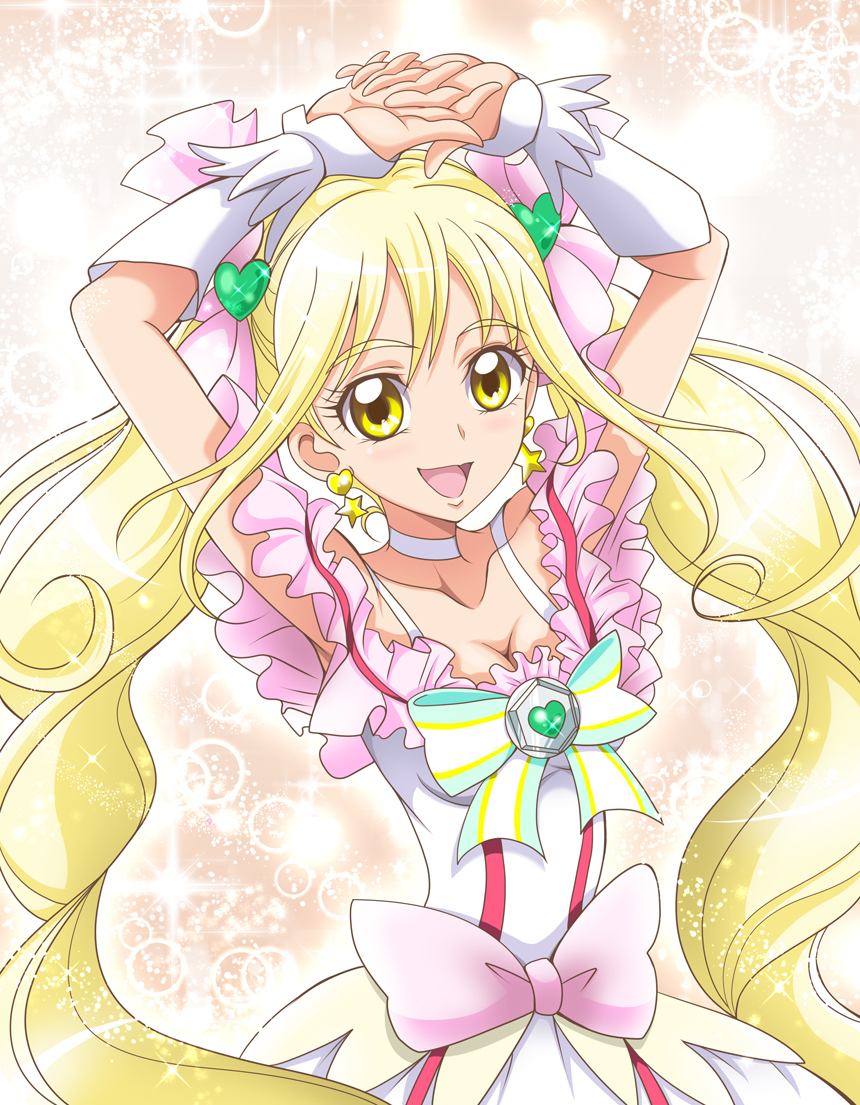 1girl :d armpits arms_up blonde_hair bow breasts choker cleavage cowboy_shot cure_echo earrings frills hair_ornament hair_ribbon hanzou heart_hair_ornament jewelry long_hair looking_at_viewer magical_girl open_mouth pink_bow pink_ribbon precure precure_all_stars_new_stage:_mirai_no_tomodachi ribbon sakagami_ayumi skirt smile solo striped striped_bow twintails white_skirt wrist_cuffs yellow_eyes