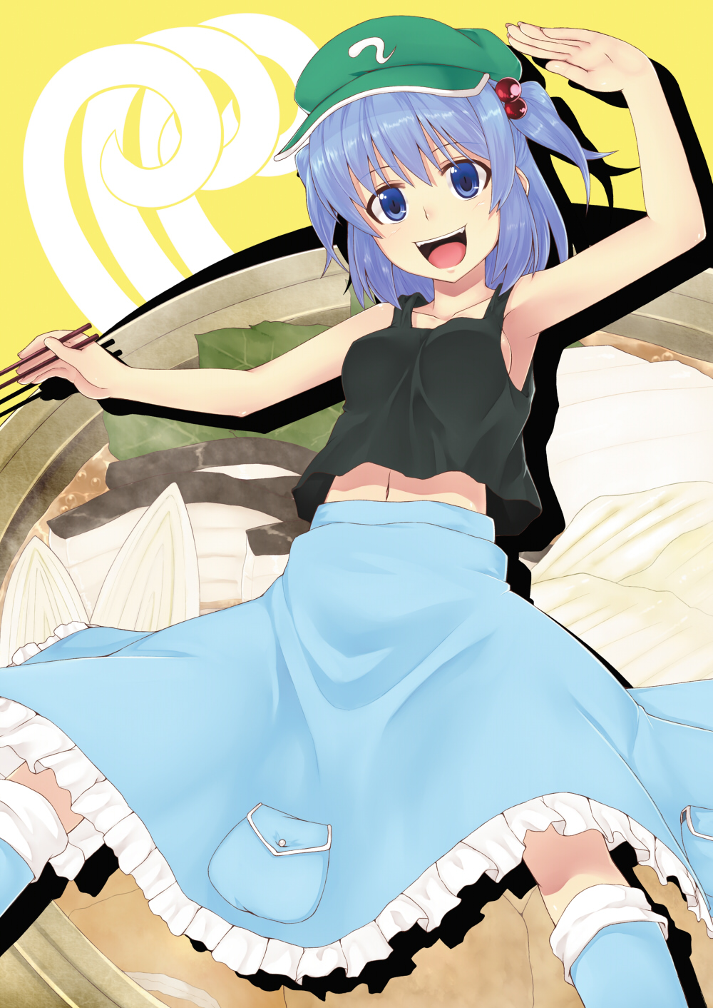 1girl :d armpits bare_shoulders blue_eyes blue_hair breasts chopsticks collarbone commentary_request hair_bobbles hair_ornament hat highres kawashiro_nitori looking_at_viewer navel open_mouth saemon_(tonpura) short_hair sideboob sleeveless smile solo sukiyaki tank_top touhou twintails two_side_up wristband