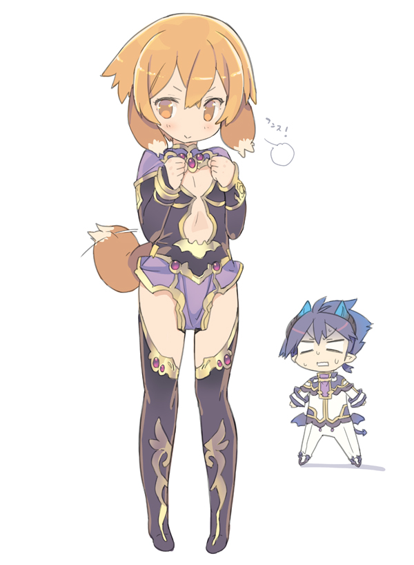 2boys :&gt; animal_ears blade_(galaxist) blue_hair blush boots brown_hair chibi crossdressinging demon_boy demon_tail demon_wings dog_ears dog_tail empty_eyes horns male_focus mini_wings multiple_boys pointy_ears pop-up_story shaded_face short_hair skirt sweatdrop tail tail_wagging thigh-highs thigh_boots wings yuri_ressen zettai_ryouiki ziz_glover