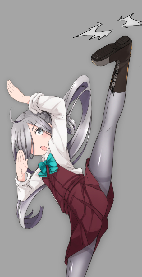 /\/\/\ 1girl :o ahoge arms_up asashimo_(kantai_collection) blue_bow blue_bowtie boots bow bowtie brown_boots collared_shirt comah cross-laced_footwear dress fighting_stance grey_background grey_eyes grey_legwear hair_over_one_eye kantai_collection knee_boots leg_up long_hair long_sleeves one_leg_raised open_mouth pantyhose ponytail red_dress shirt shoe_soles silver_hair simple_background solo spread_legs standing_on_one_leg thighband_pantyhose very_long_hair white_shirt