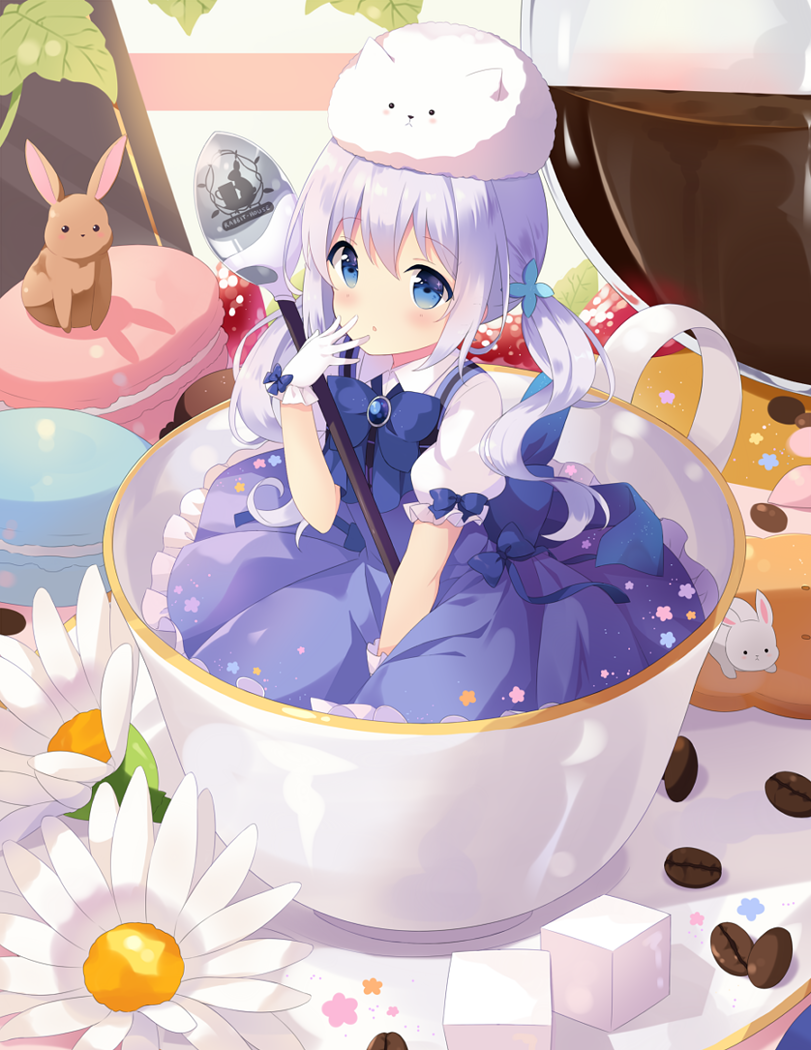 1girl angora_rabbit blue_eyes blue_hair blush cocoa_bean coffee coffee_beans cup dress flower food frilled_gloves frilled_skirt frilled_sleeves frills fruit gloves gochuumon_wa_usagi_desu_ka? hitsukuya in_container in_cup kafuu_chino looking_at_viewer macaron magical_girl minigirl open_mouth pastry rabbit skirt solo spoon strawberry sugar_cube teacup tippy_(gochuumon_wa_usagi_desuka?) twintails