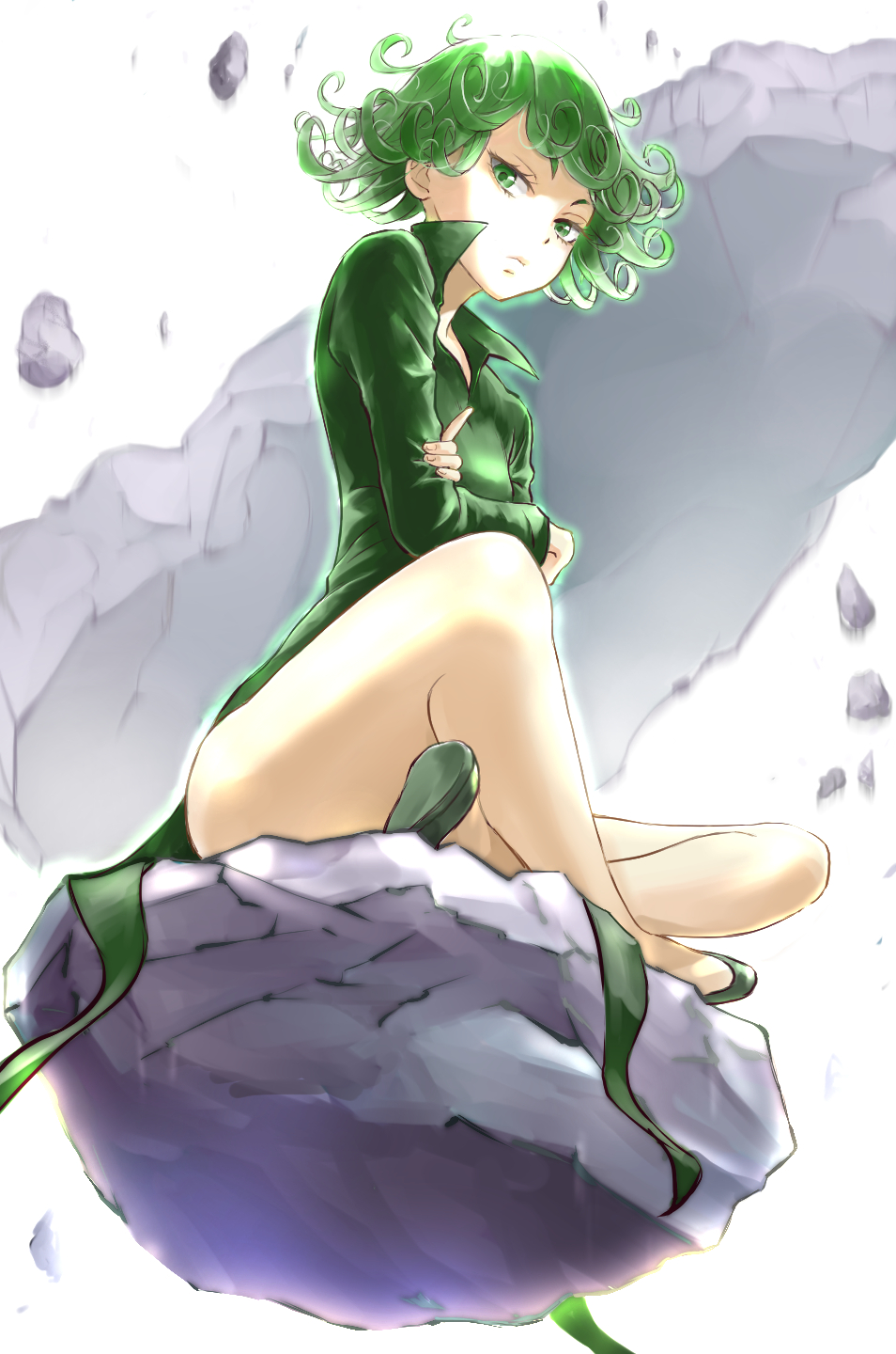 1girl 9901 crossed_arms curly_hair dress floating_rock green_dress green_eyes green_hair highres indian_style legs looking_at_viewer one-punch_man short_hair sitting solo tatsumaki