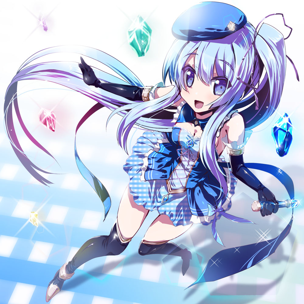 1girl :d beret blue_eyes blue_hair gem gloves hat long_boots long_hair looking_at_viewer miuku_(marine_sapphire) open_mouth original side_ponytail skirt smile solo wand