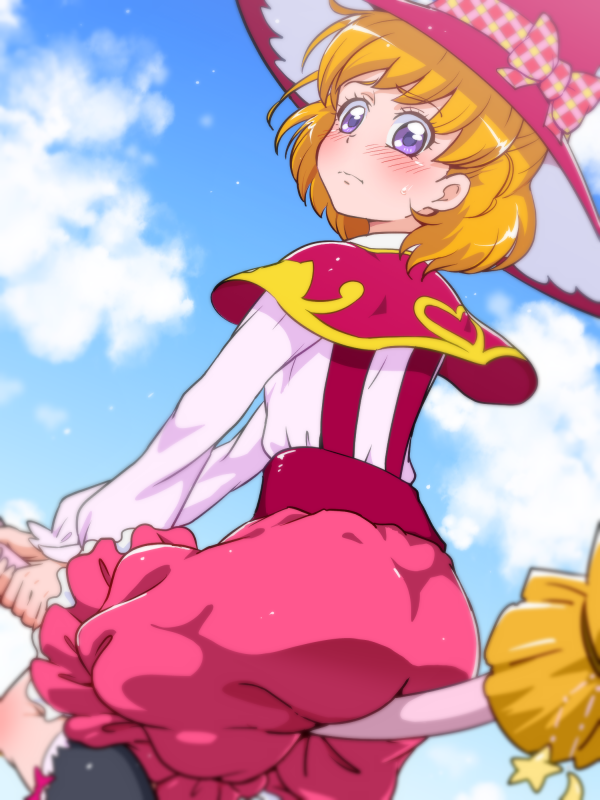 1girl asahina_mirai ass blonde_hair blush broom broom_riding capelet clouds hat looking_back mahou_girls_precure! precure short_hair sky solo tj-type1 violet_eyes witch_hat