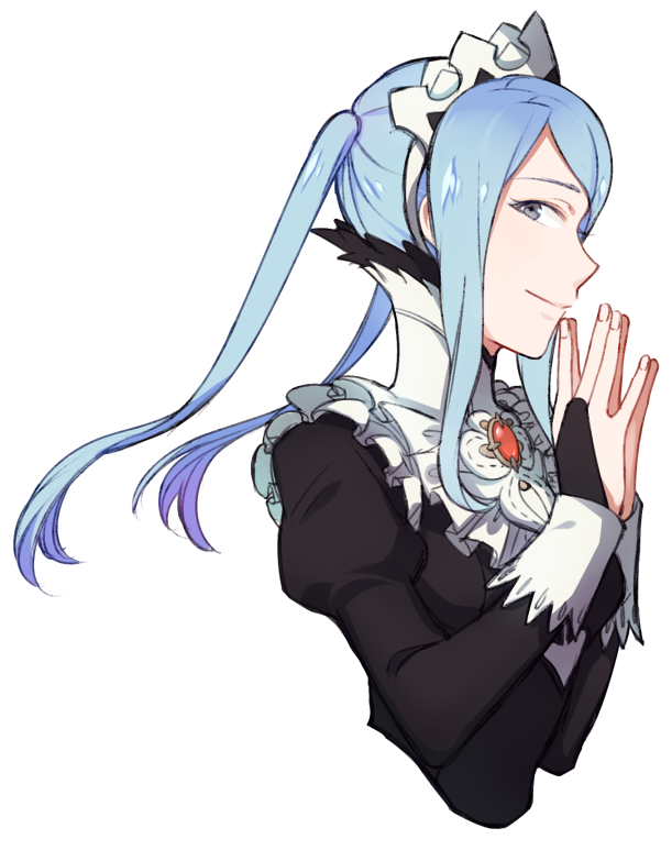 1girl apron blue_hair craneace fingernails fire_emblem fire_emblem_if flora_(fire_emblem_if) frilled_apron frills gloves grey_eyes hands_together jewelry long_sleeves looking_at_viewer looking_to_the_side maid maid_apron maid_headdress partly_fingerless_gloves profile puffy_long_sleeves puffy_sleeves sidelocks simple_background smile smirk solo twintails upper_body white_background wrist_cuffs