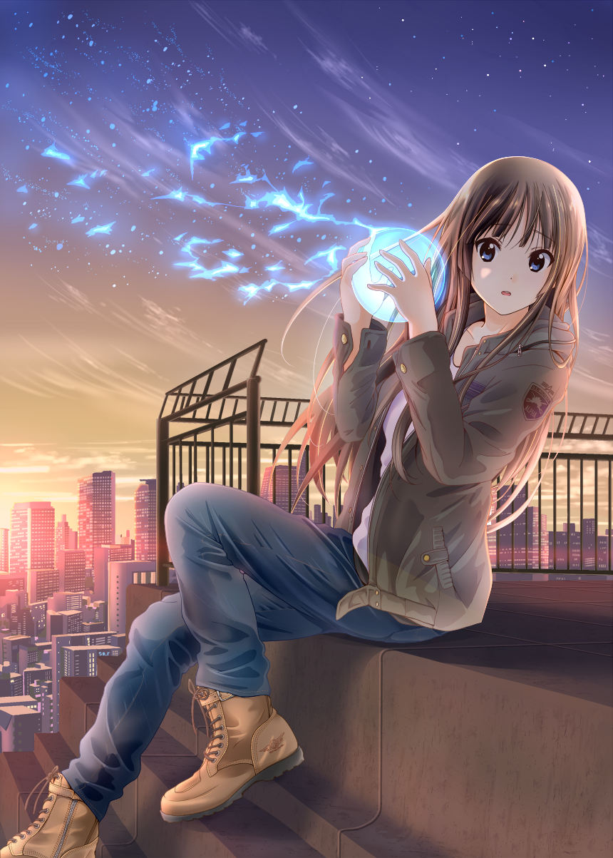 1girl akiyama_mio backlighting ball black_hair blue_eyes boots building casual city clouds denim dresstrip highres jacket jeans k-on! light_particles long_hair open_mouth pants railing rooftop sitting sky solo stairs star_(sky) surprised twilight 空调628