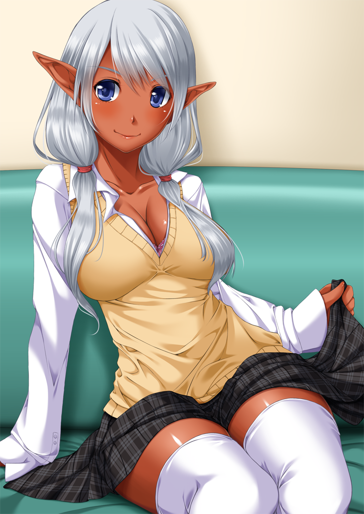 1girl arm_support bangs black_skirt blue_eyes blush bra breasts chiro cleavage closed_mouth collarbone collared_shirt couch dark_elf dark_skin dress_shirt elf lifted_by_self long_hair long_sleeves looking_to_the_side low_twintails miniskirt original plaid pleated_skirt pointy_ears ribbon-trimmed_bra school_uniform shiny shiny_skin shirt silver_hair sitting skirt skirt_lift smile solo sweater_vest thigh-highs twintails underwear white_legwear white_shirt zettai_ryouiki