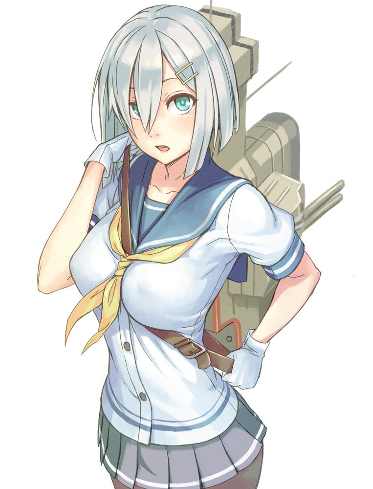 1girl and aqua_eyes between_breasts breasts buttons collarbone gloves grey_hair hamakaze_(kantai_collection) kantai_collection open_mouth pantyhose simple_background skirt solo white_background