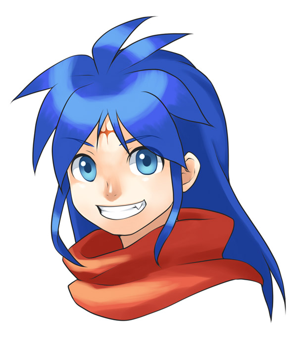 1boy blue_eyes blue_hair breath_of_fire breath_of_fire_i face facial_mark forehead_mark geno_(artist) grin portrait ryuu_(breath_of_fire_i) short_hair simple_background smile solo white_background