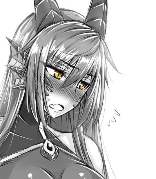 1girl bare_shoulders blush dragon_(monster_girl_encyclopedia) dragon_girl embarrassed fang flying_sweatdrops full-face_blush head_fins horns long_hair looking_away monochrome monster_girl monster_girl_encyclopedia open_mouth sanmotogoroo scales simple_background slit_pupils solo spot_color sweatdrop yellow_eyes